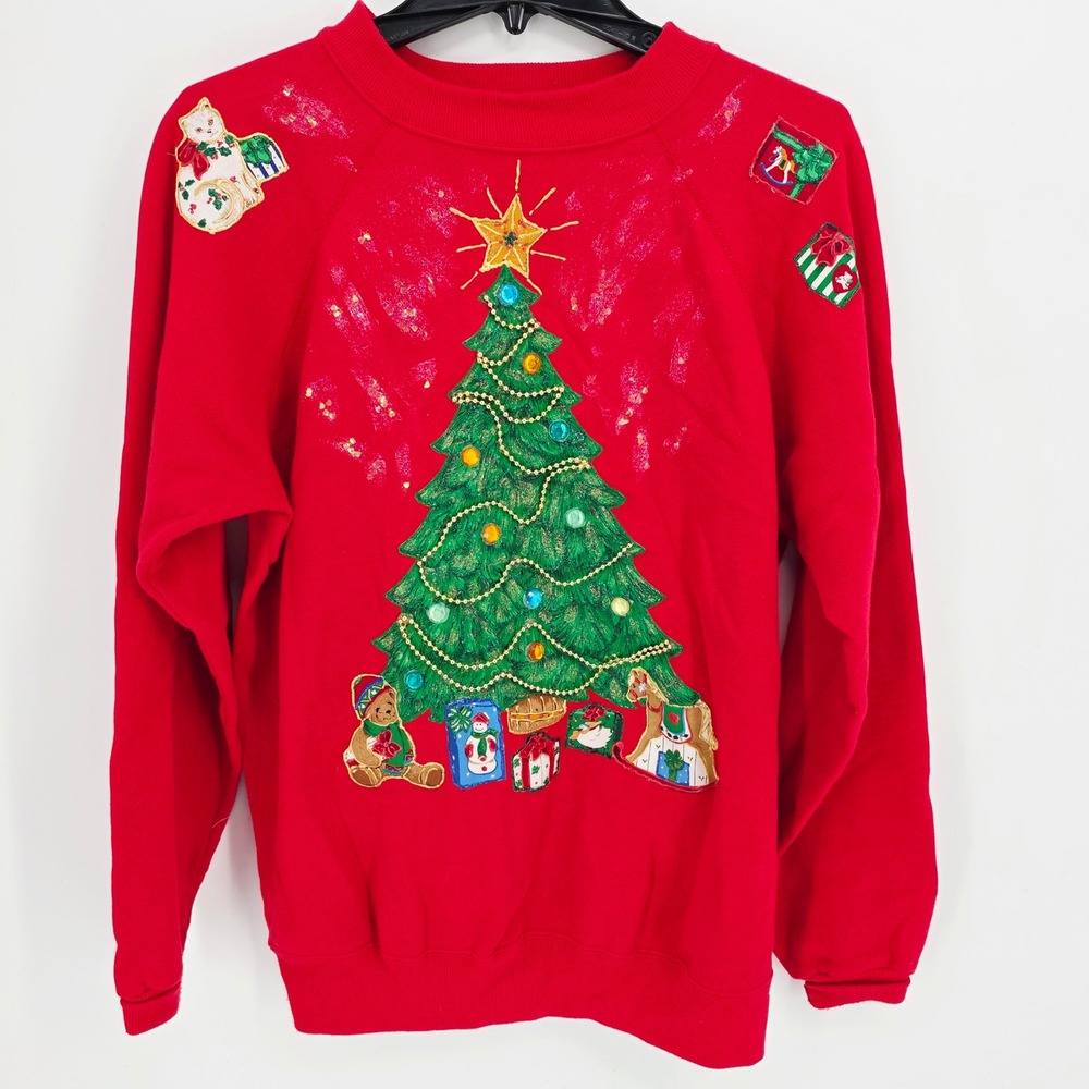 Vintage Christmas‎ Sweatshirt Red Hand Sewn And Painted 1990's Embellished XL